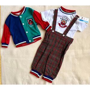 Vintage 90s K.K Kid's Fashion 3-Piece Overalls Set Boys 12M Plaid Colorblock